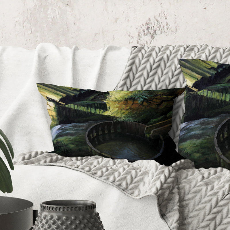 Rectangle, vieux moulin à eau dans un paysage naturel - coussin décoratif imprimé Lake House