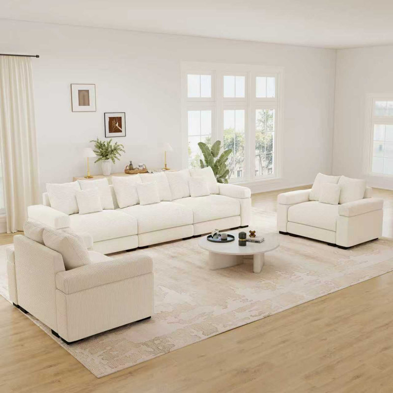 Ensemble de salon modulaire de 5 pièces, canapé d'angle moderne en velours côtelé avec canapé et fauteuil, Blanc