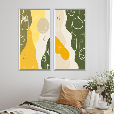 «Green Green Yellow and White Vintage Organic Shapes I», ensemble de 2 impressions