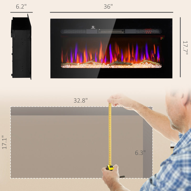 Foyer électrique mural 36 "- 1500W, minuterie 8H, flamme réglable, bûche et cristal, acier noir, chauffage efficace à chaleur de 1500W, luminosité de la flamme,