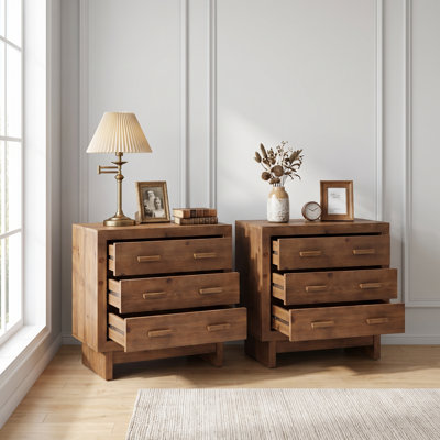 Set of  2  31.5"W  Oversize Farmhouse 3-Drawer Solid Wood Nightstand, Large Storage Bedroom Dresser Cabinet