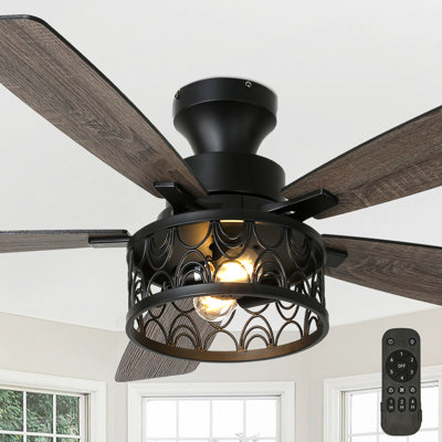 52" Flush Mount Ceiling Fans With Lights And Remote Control, Black Caged Low Profile 5-Blade Farmhouse Ceiling Fan