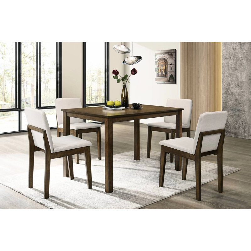 5pc Dining Room With Dark Walnut Appearance, Rectangular Table & 4 Chairs, Transitional Character, Beige Burlap Cushioned Seats, Rubberwood Veneer Applied Colour, Flavour, Seats In Fabric, Created