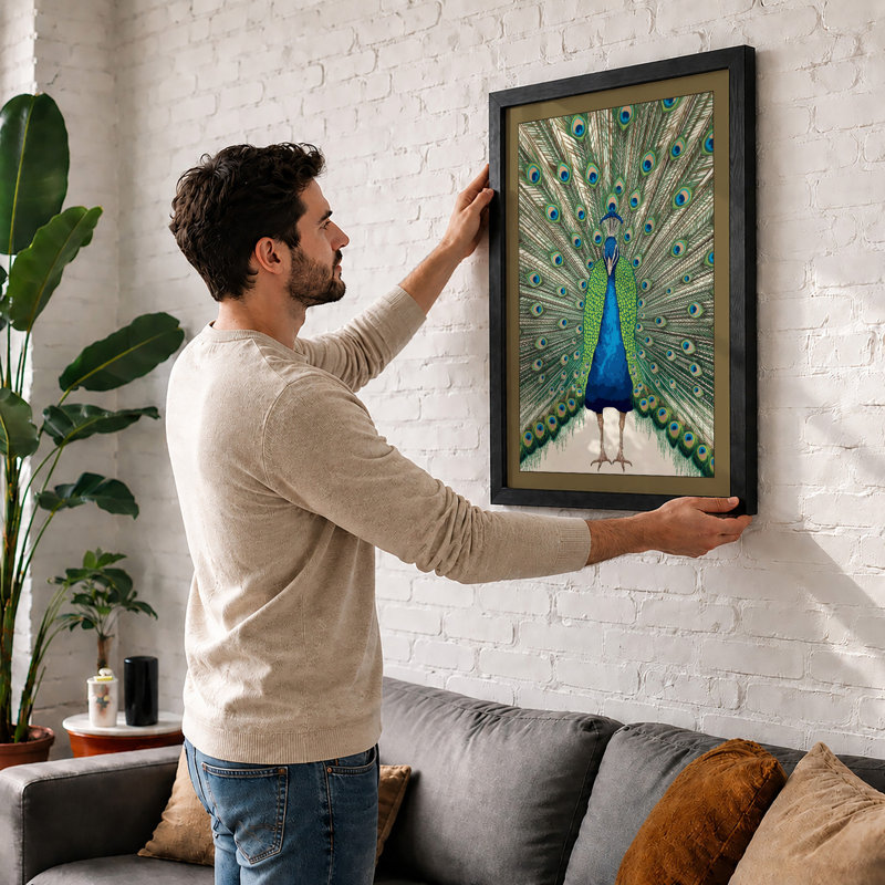 Peacock in Display Botanical - Framed Print, A1 - 84.1 x 59.4 cm, White