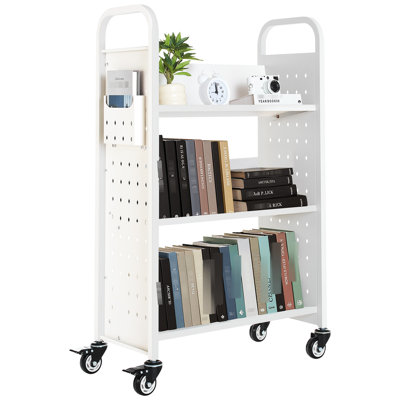3 Rolling Book Truck With Single Sided V-Shaped Shelves In White, Large Capacity For Books And Office Supplies, Stable Support, Silent Glide, Fast Assembly Extra Use, Load Gliding , Installation