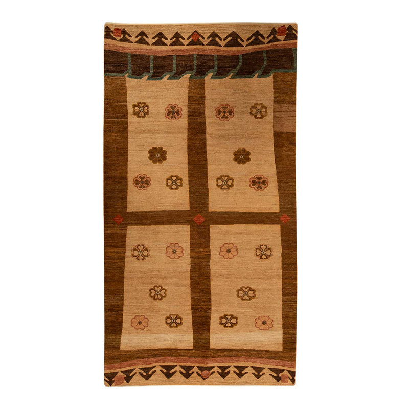 Tapis unique en laine noué à la main ivoire / brun / rouille de 6 pi 1 po x 11 pi 8 po