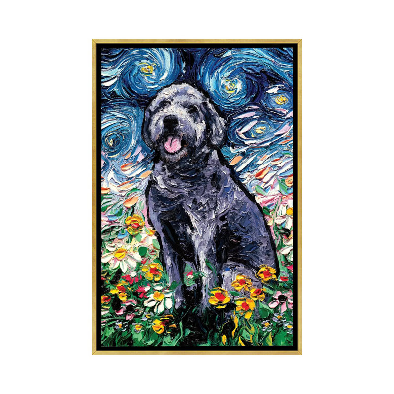 "Grey labradoodle Night" par aja Trèves, reproduction d’art, H 26 po x l 18 po x 1,5 po, Toile encadrée d'or, Pas de tapis
