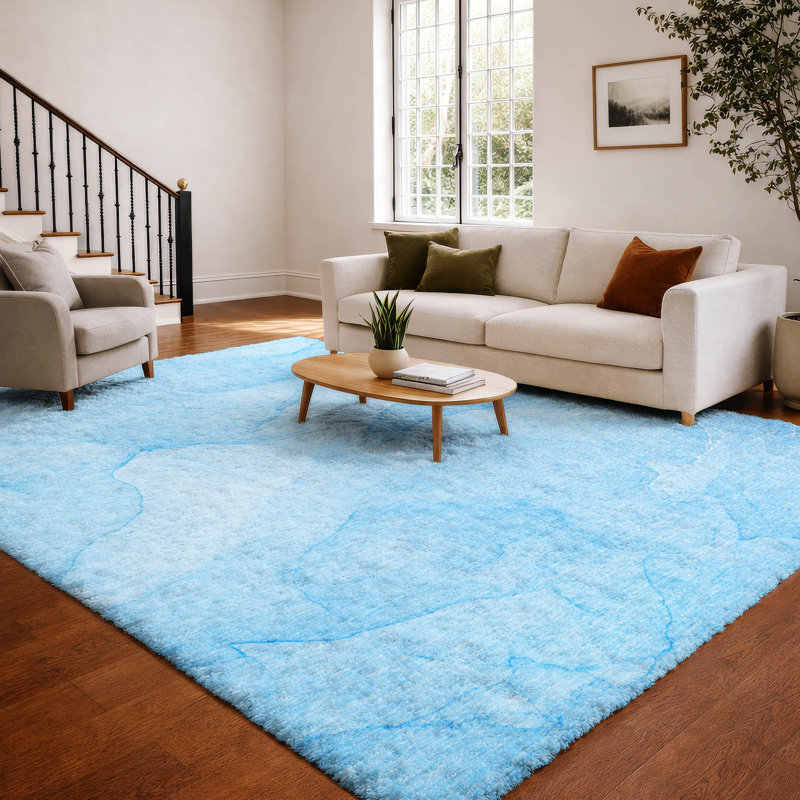 Tapis de qualité supérieure lavable à la machine à poils longs ADS509, Bleu, 5 pi x 7 pi 6 po