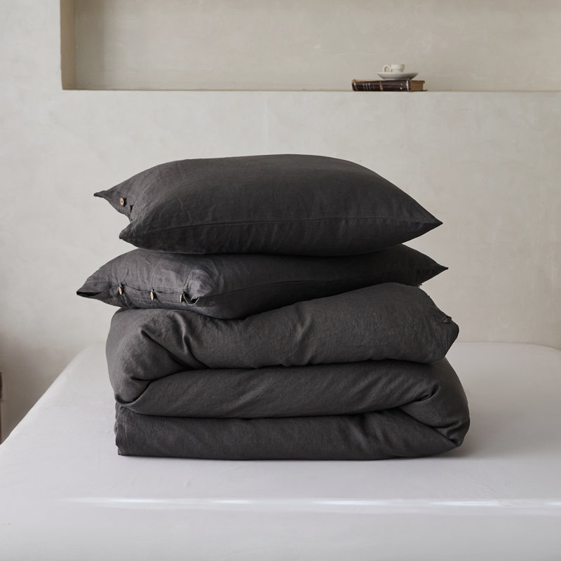 Duvet Cover Set-Button Loop, Queen Duvet Cover + 2 Standard Shams, Dark Gray