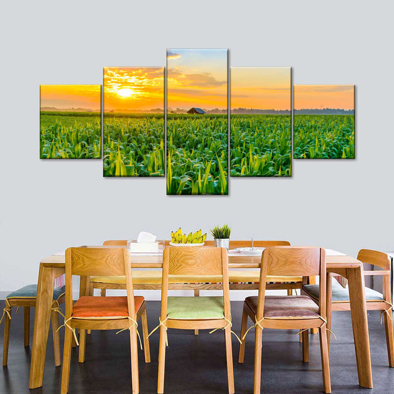 «Green Field Cornfield Sunset Scene», reproduction d'art sur toile 5 pièces, H 30 po x l 68 po x P 1,25 po