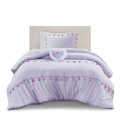 3 PCS Twin Tassel Comforter Set with Heart Shaped Throw Pillow Lavender