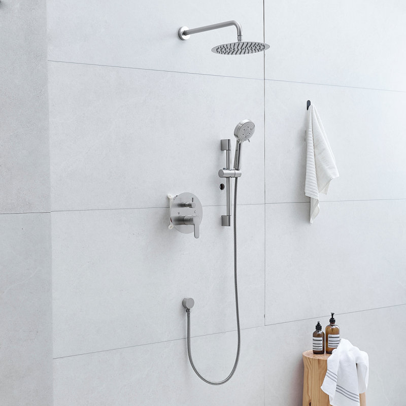 Système de douche de 10 pouces, ensembles de robinets de douche à barre coulissante, pommes de douche rondes complètes et combiné de douche à main 5 jets, robinet mural noir mat