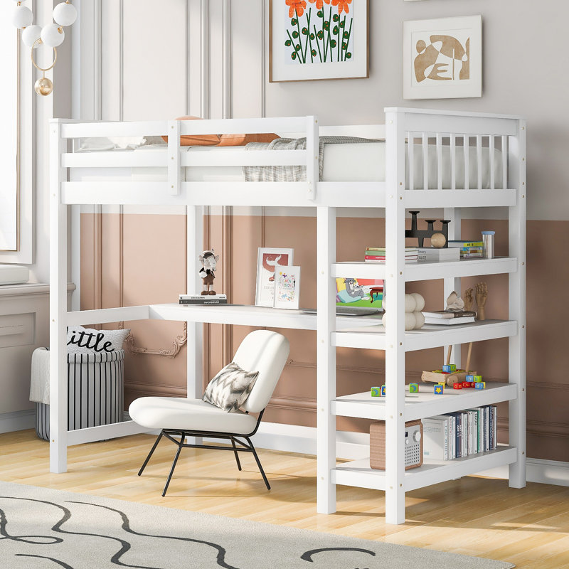 Lit mezzanine avec tablettes de rangement et DEL, Espresso, Lit simple