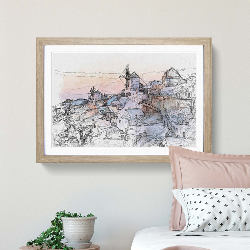 Oia Santorini Skyline in Greece in Abstract - Picture Frame Graphic Art Print, 62cm H x 87cm W x 2cm D, Oak Framed