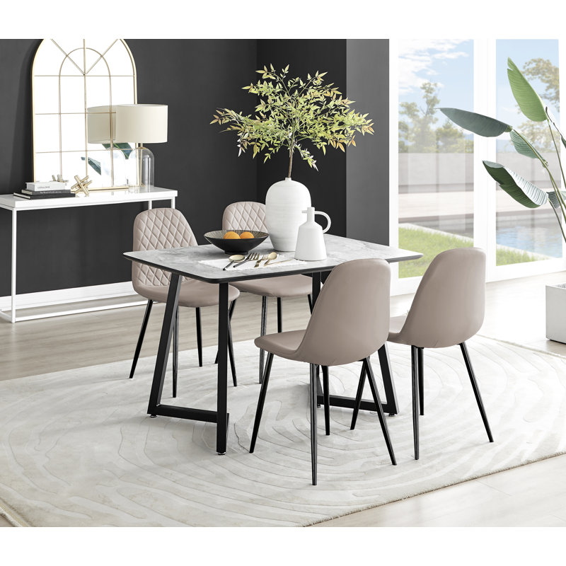 Industrial Design White & Grey Marble Effect Melamine Dining Table Set with 4 Faux Leather Chairs, Brown/Black