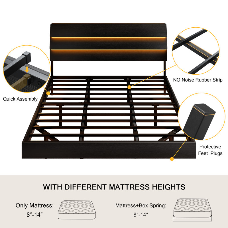  King Size Floating Bed Frame With Led And Charging Station,metal Platform Bed Frame With Storage Headboard,no Box Spring Needed,noise-free,easy To Assemble,black