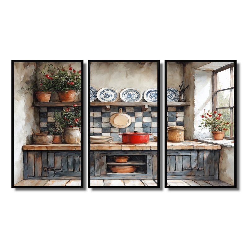 Country Kitchen Rustic Dream I - Ensemble d'art mural de cuisine, Toile avec cadre flottant noir, H 28 po x l 36 po x P 1 po