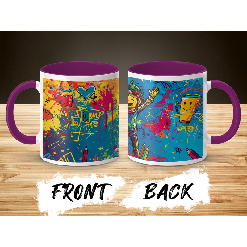 Kids Drawing Style 11oz Accent Mugs – Ceramic Coffee Cup with a Purple Handle and Interior