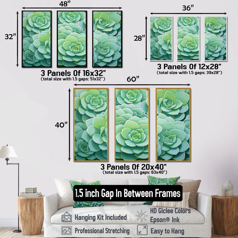 «Green Succulents Bloom», ensemble d'art mural sur toile, Cadre flottant blanc, H 32 po x l 48 po x P 1 po