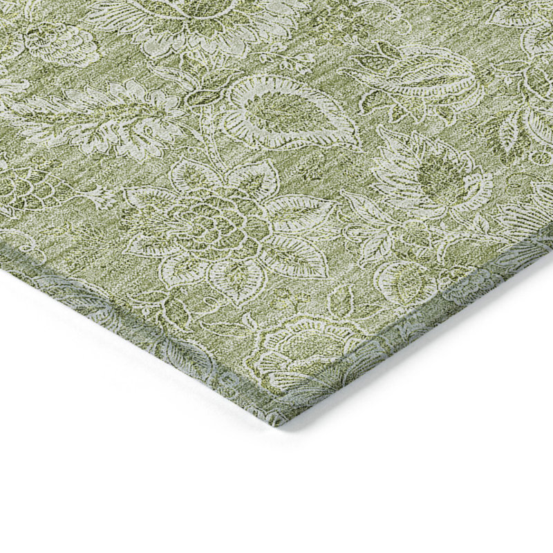 Tapis extérieur lavable floral vert 10 pi x 14 pi bleu et ivoire