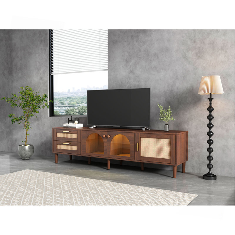 Console de 80 po compatible avec la télévision, grand espace de rangement, surface imperméable pour le salon, la chambre à coucher, support de cinéma maison avec ajustement, 2 tiroirs et 3 armoires, plateau de table et pieds en bois massif