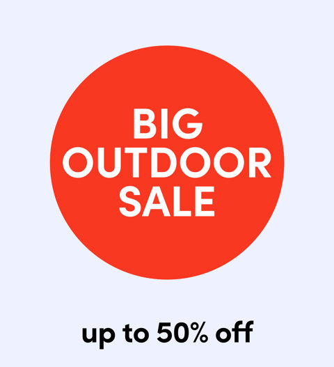 Big Outdoor Sale logo in a red circle with up to 50% off text below against a light blue background.