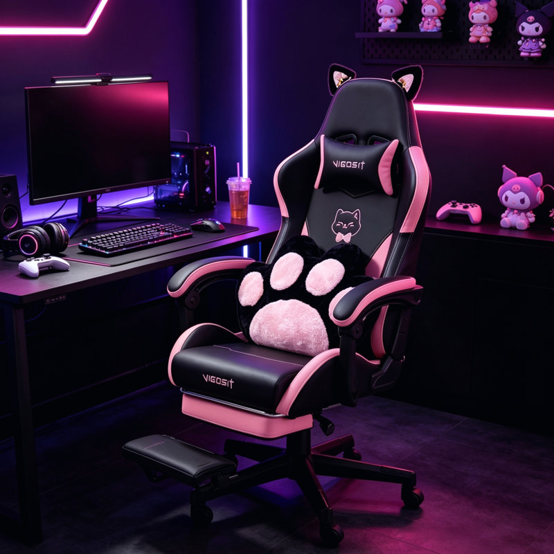 Chaise de jeu noire mignonne avec coussin lombaire en forme de patte, chaise de jeu vidéo pour ados, Noir
