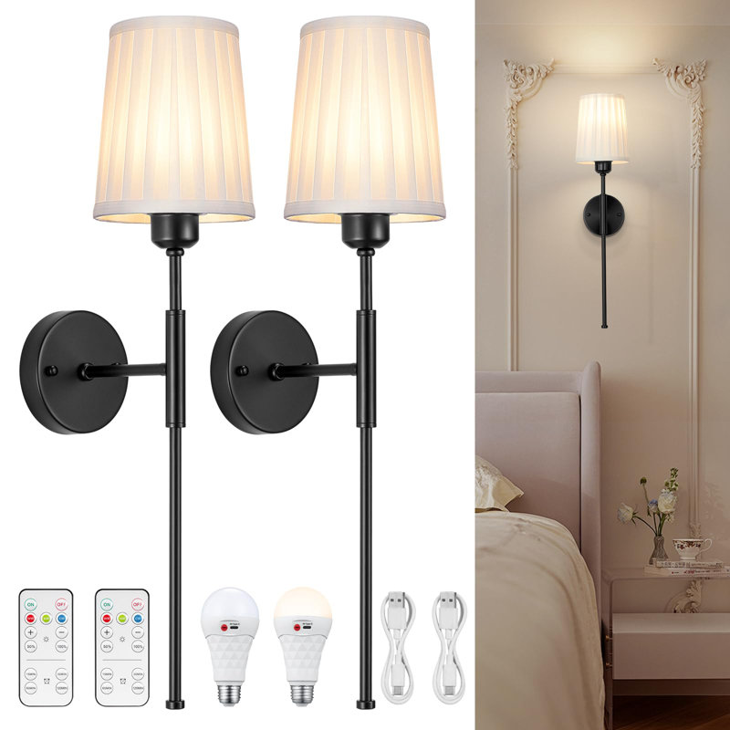 Battery Operated Wall Sconce, Beige, Matte Black