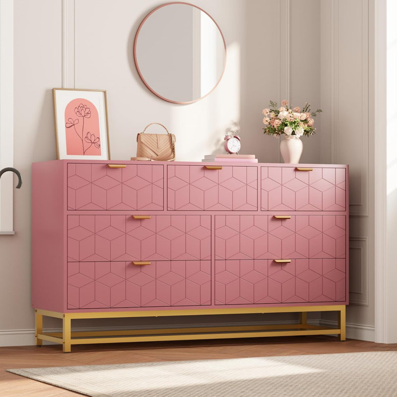 Commode 6 tiroirs, rangement large en bois avec plateau spacieux pour la chambre à coucher et le couloir, Pink