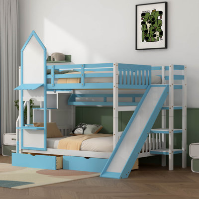 Castle Style Bunk Bed with 2 Drawers 3 Shelves and Slide -  Harriet Bee, 1B42F10426B34B21AB44027FFE1F32E7