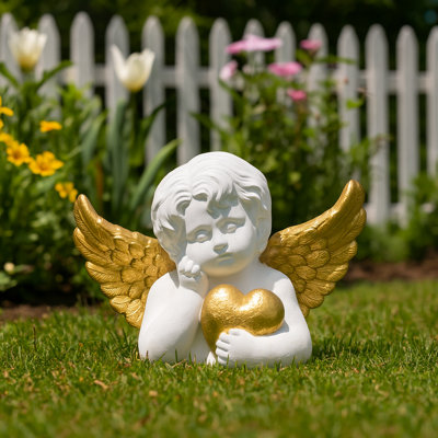 Classic Cherub with Heart Garden Statue - Decorative Outdoor Garden or Yard Sculpture Adding Beauty to Garden Decor Spaces - 15", White