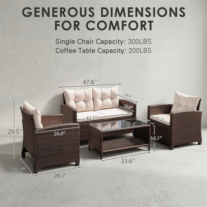 4-Piece Outdoor Conversation Set, Rattan Patio Furniture with Coffee Table and Cushions
