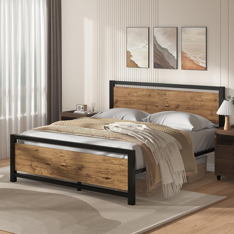 Industrial Style Bed Frame with Headboard and Wooden Footboard, White/Brown, Queen