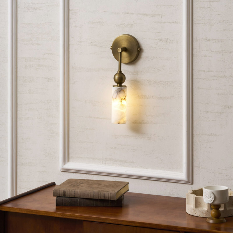 Antique Brass 1-Light Alabaster Cylinder Wall Sconce