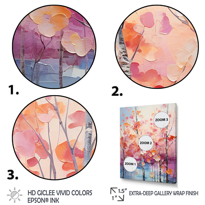 «Pink and Blue Trees Field Pointillism IV», art mural sur toile Cottage, H 20 po x l 12 po x P 1 po, Cadre flottant doré
