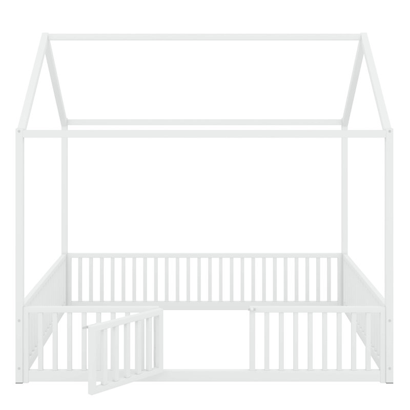 Keisha Metal House Bed with Fence, Full, White