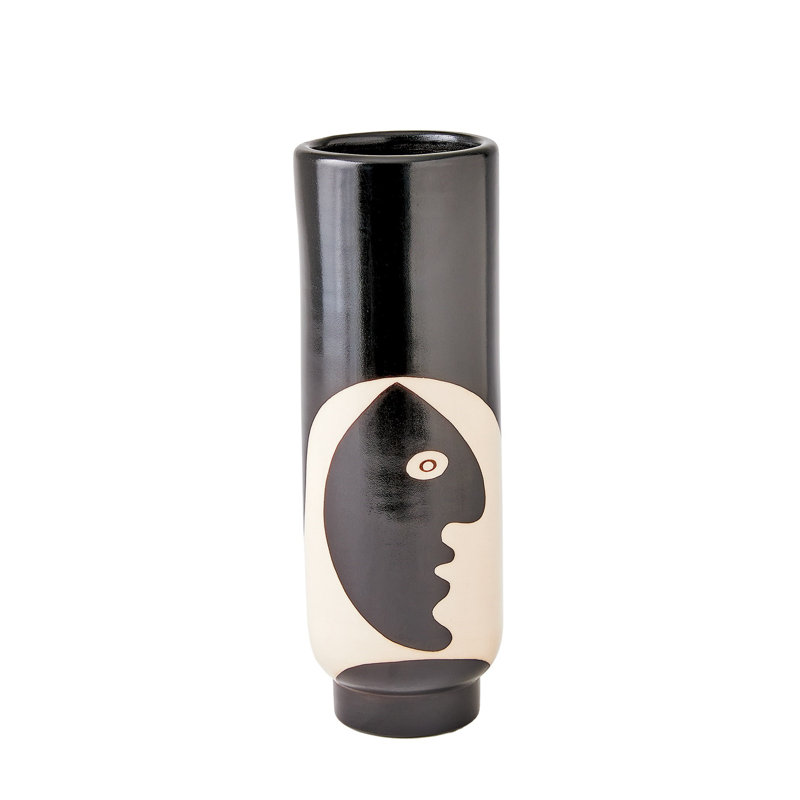Simple Face Handmade Ceramic Table Vase, Black/Natural