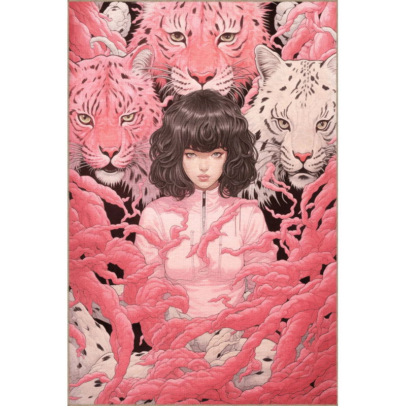 Pink Themed Surrealist Design Women's Tiger Pattern Modern Decorative Carpet, Rectangle 2'4" x 4'