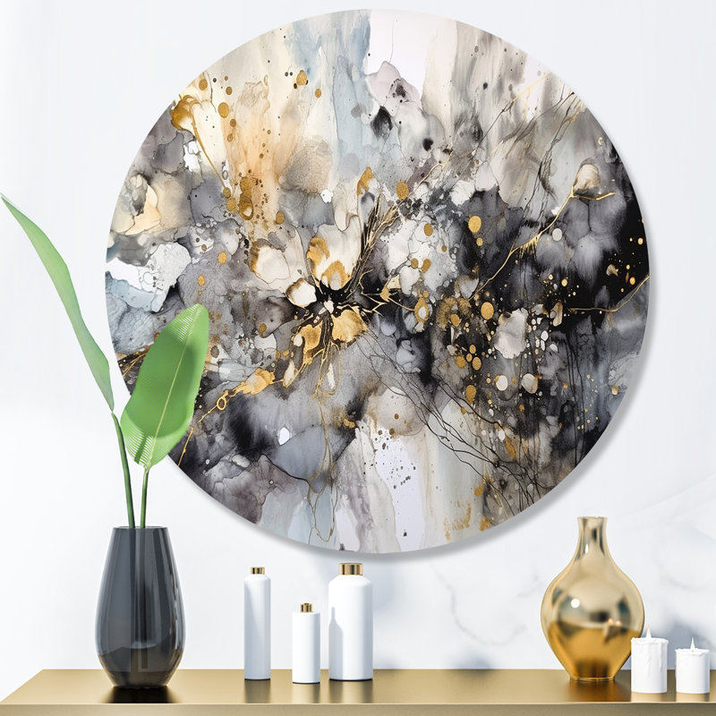 Grey Gold Delicate Abstract Brushstrokes II - Abstract Marble Round Wall Art on Metal, 16" H x 16" W x 1" D