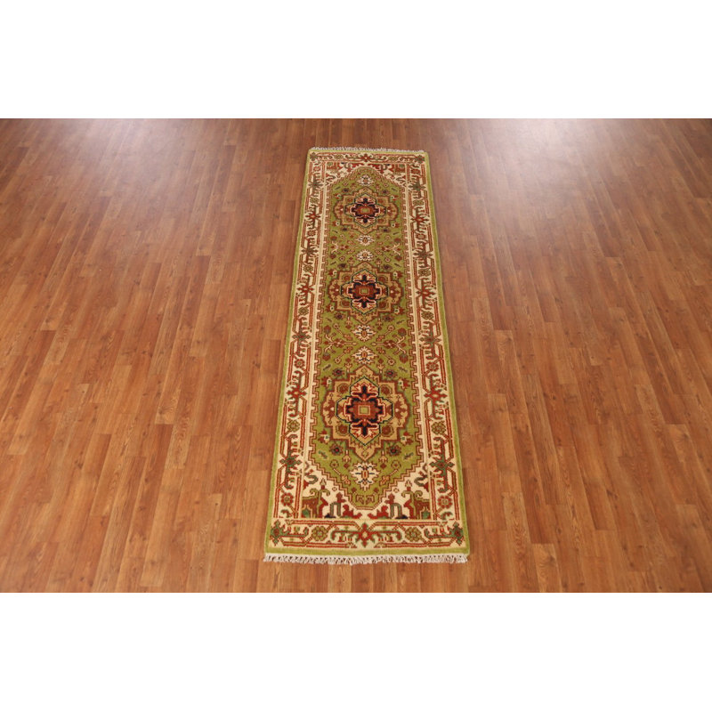 Light Green Traditional Indian Runner Rug 3x8