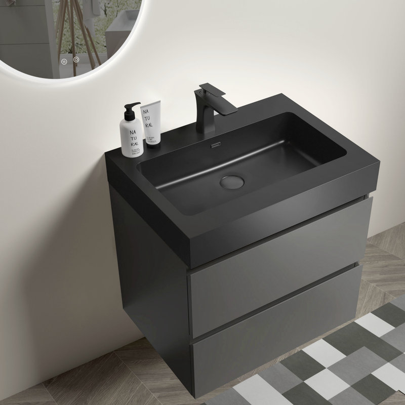 Meuble-lavabo simple 24,09 po avec comptoir en pierre et 2 tiroirs, Gris, Noir