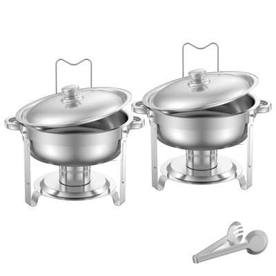 Chafing Dish Buffet Set, 5 Qt, 2 Pack, Stainless Steel, Round Catering Warmer Server with Full Size Pans, Lid, Water Pan, Folding Stand and Clip, Silver