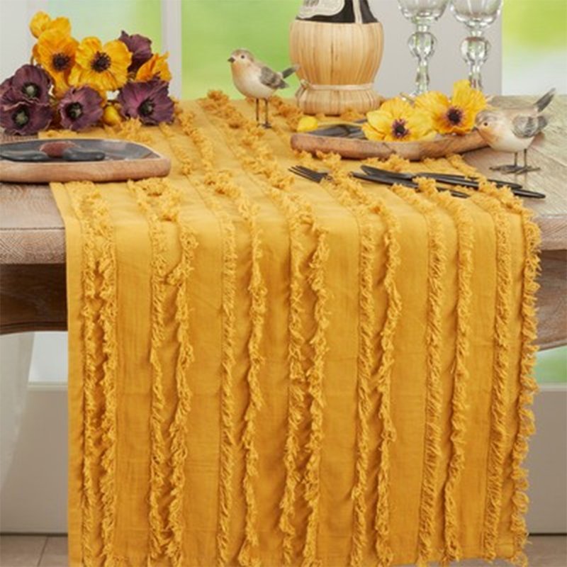 Beige Fringe Stripe Cotton 15"x72" Table Runner, Yellow