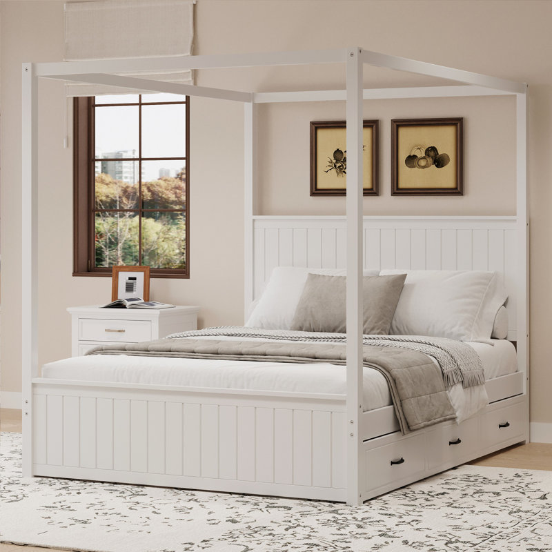 Canopy Platform Bed with Trundle and Three Storage Drawers, White, Queen