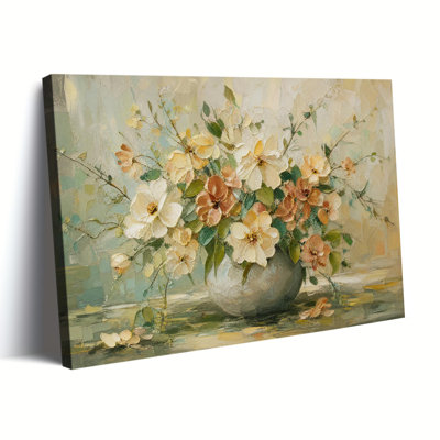 White Peach Flower Vase Soft Mint Abstract Background Canvas Print Gallery Wrapped Wall Art