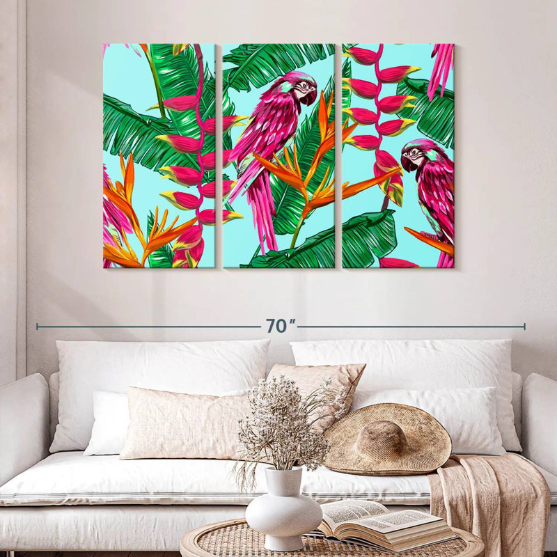 Brampt, plantes tropicales et oiseaux exotiques, H 32 po x l 50 po