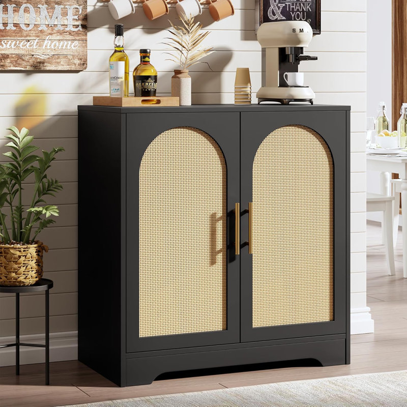 30" W Sideboard Buffet Cabinet- with 2 Rattan Doors, Storage Console Table & Modern Accent Coffee Bar Cabinet for Living Room, Kitchen, Black
