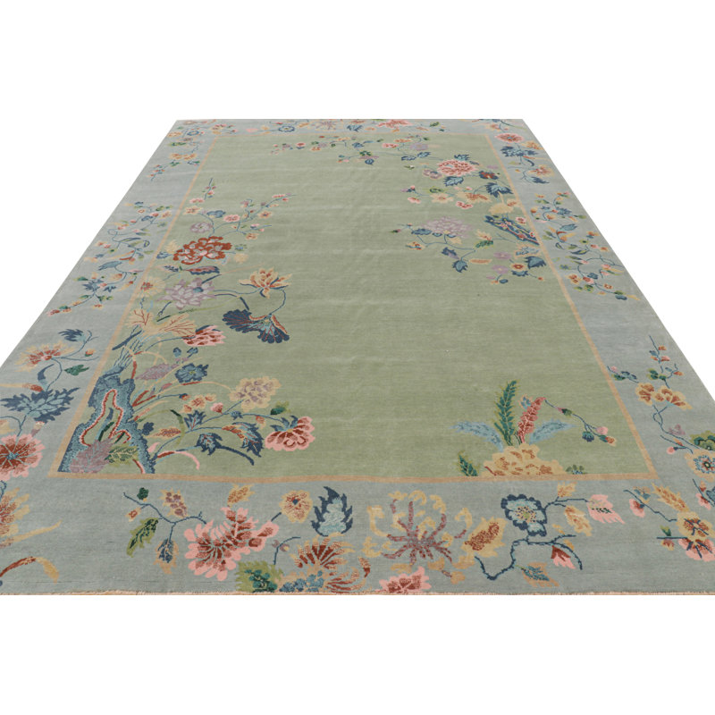 Rug & Kilim’S Chinese Art Deco Floral Rug In Green And Blue, Rectangle 12' x 16'