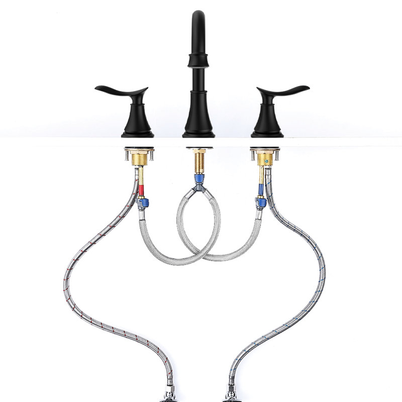 Robinet de salle de bain espacé noir mat 8 po - 2 poignées, 3 trous, bec pivotant à 360 °, économiseur d'eau et résistant aux taches