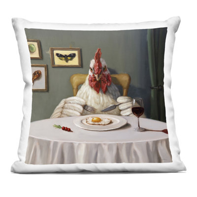 Coussin décoratif à imprimé de drôles de poule et d'œuf, par Lucia Heffernan